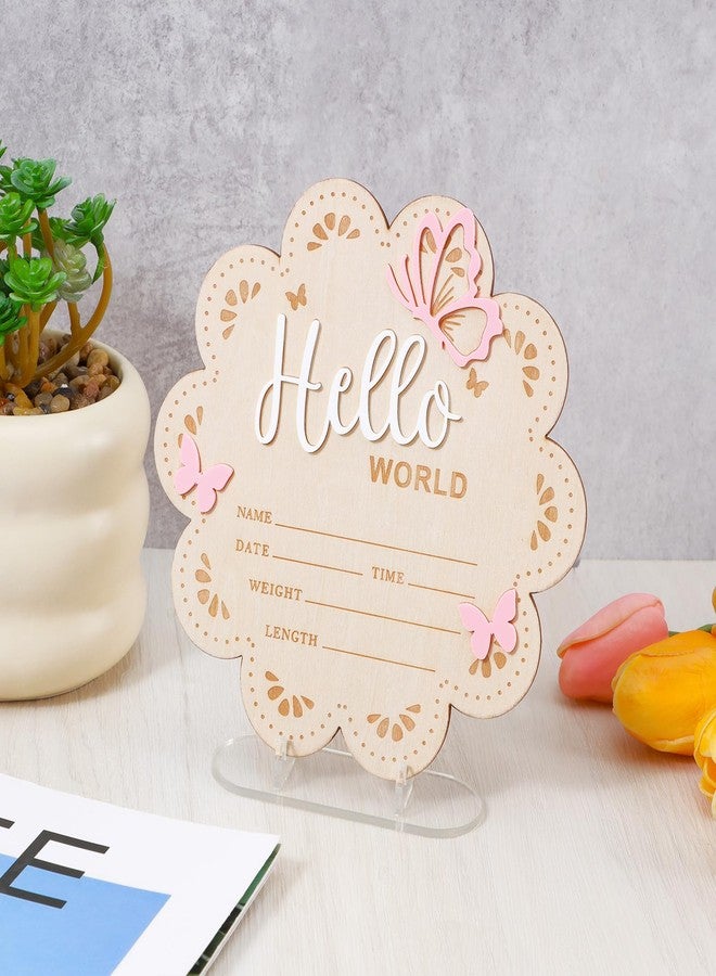 Nogeqi Hello World Newborn Sign, 6 Inch Pink Butterfly Baby Name Announcement Sign, Birth Announcement Signs, Wooden Baby Welcome Signs for Newborn Photo Props Babies Shower Hospital Nursery - Image 2